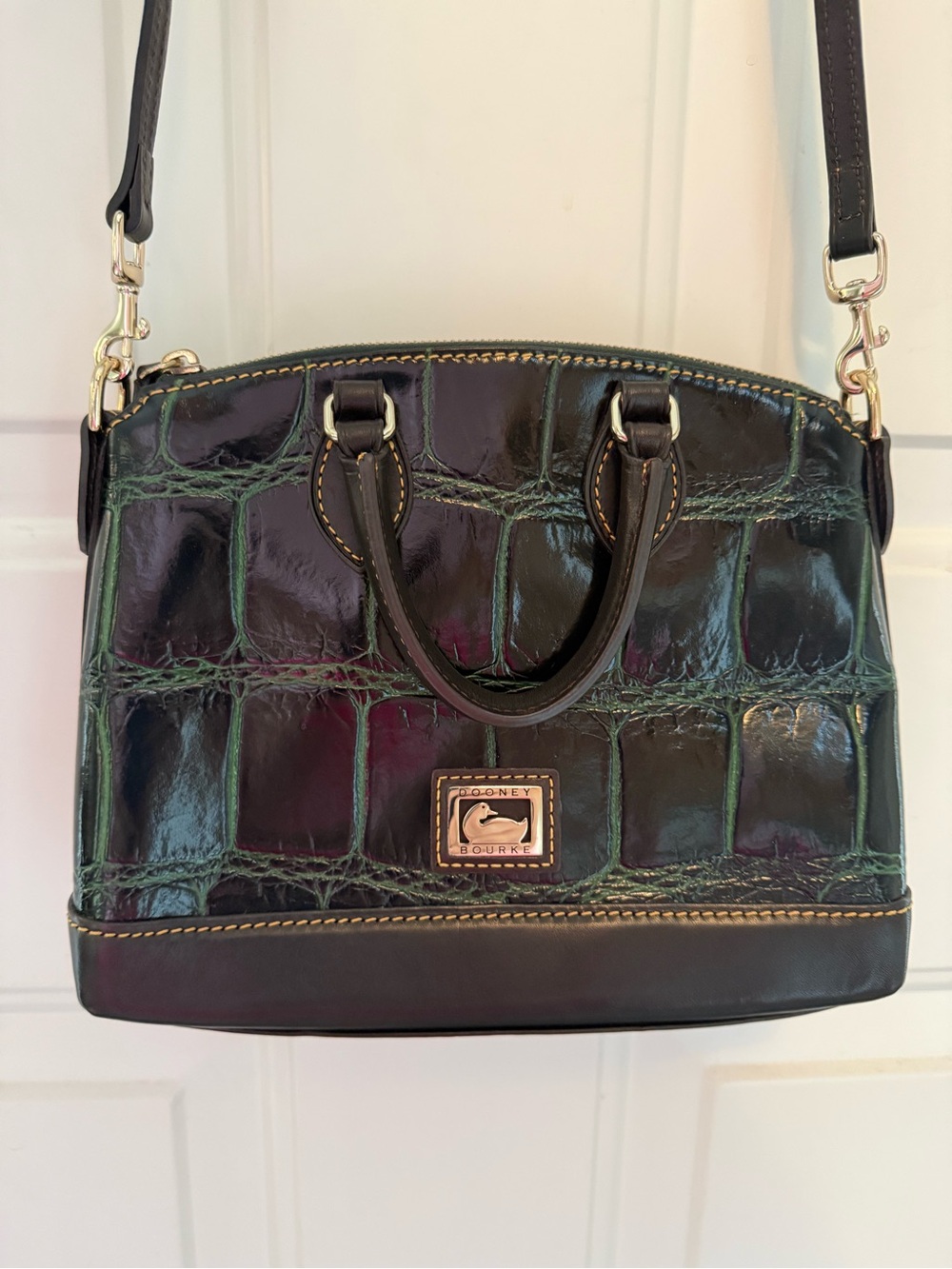 Dooney & Bourke Green Croc-Embossed Leather mini Dillen Satchel Dark Brown Trim